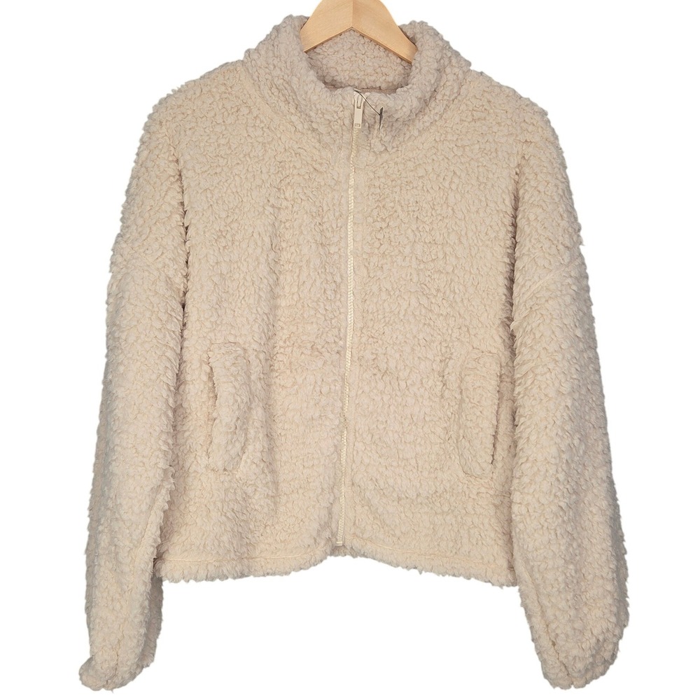 Express Teddy Jacket Womens Medium Cream Faux Fur Full Zip Soft Warm Cozy NEW